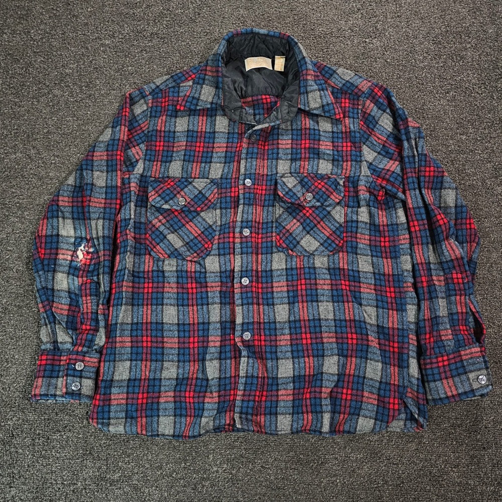 Vintage Sears Kings Road Shop Shirt Mens Medium‎ Wool Plaid Flannel Blue Red 70s